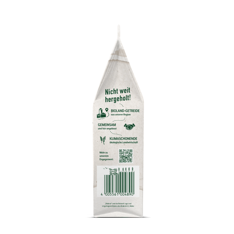 Verpackung von Bohlsener Mühle Bioland-Getreide mit umweltfreundlicher Kennzeichnung.