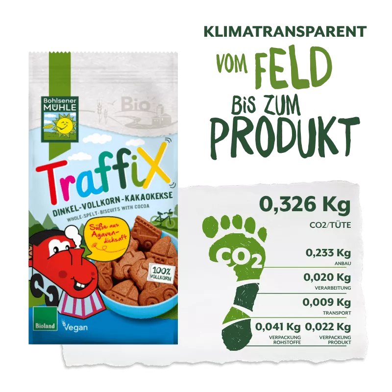 Bohlsener Mühle Traffix Dinkel-Vollkorn-Kakaokekse in einer Verpackung mit Keksabbildung.