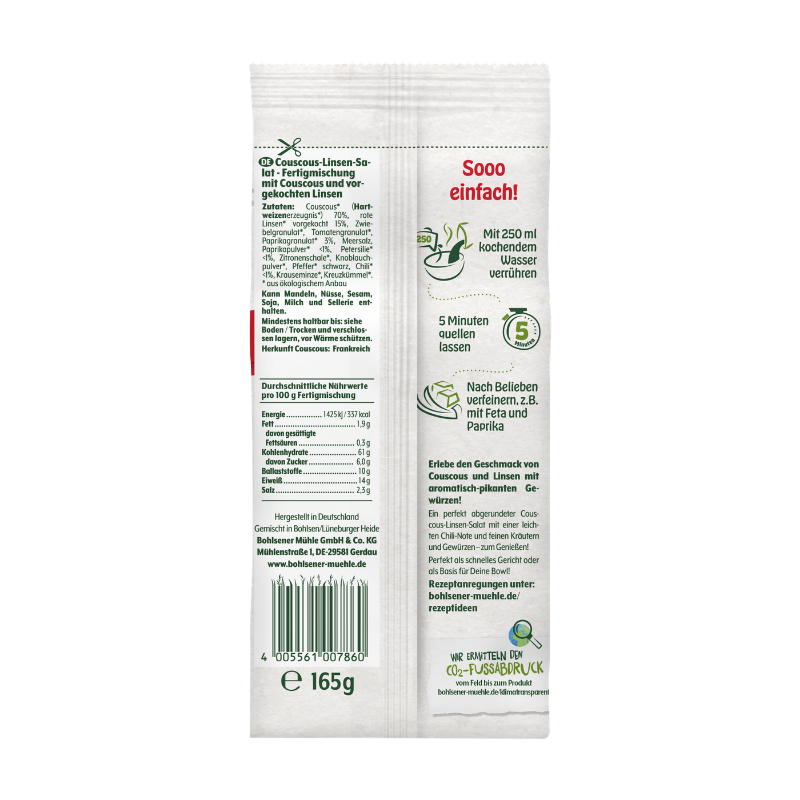 Rückseite der Bohlsener Mühle Couscous-Linsen-Salat Packung mit Zutatenliste und Zubereitungshinweisen.