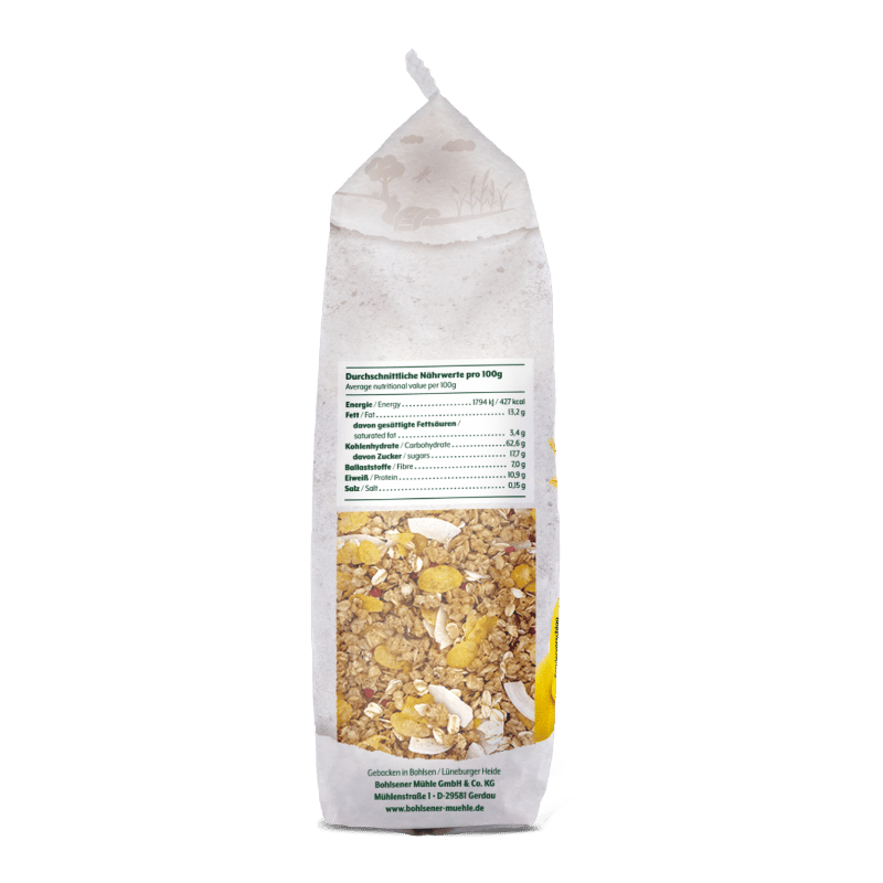 Bohlsener Mühle Crunchy Müsli in einer Verpackung mit Nährwertangaben.