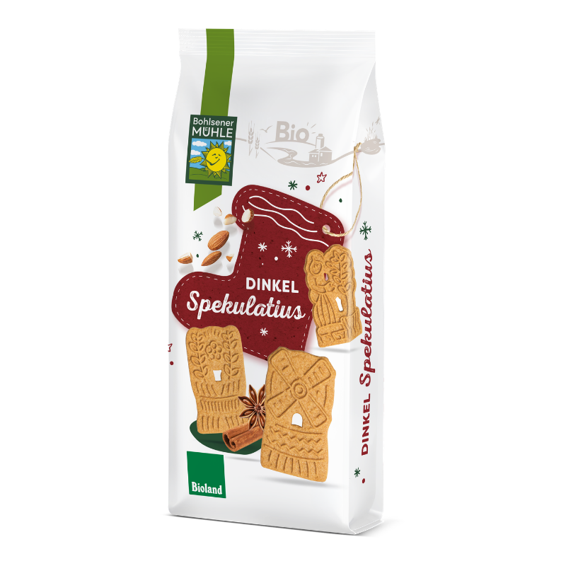 Bohlsener Mühle Dinkel Spekulatius Kekse in einer weißen Verpackung mit weihnachtlichen Motiven und Gewürzen.