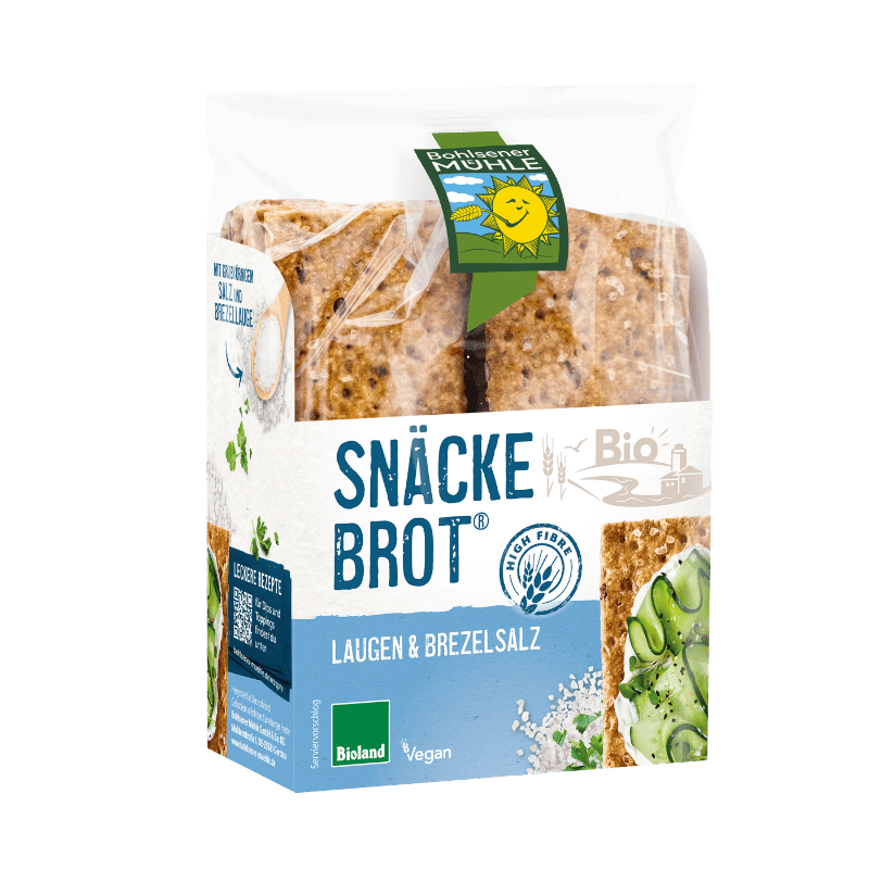 Eine Packung Snäcke Brot Laugen & Brezelsalz von der Bohlsener Mühle mit sichtbarem, knusprigem Knäckebrot.