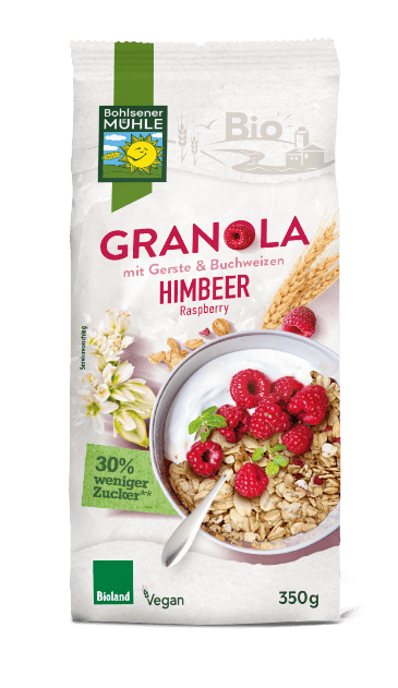Das Bio-Granola mit Himbeeren ist ein gebackenes Müsli | Bohlsener Mühle