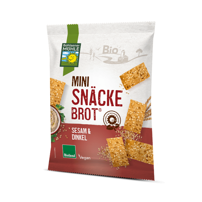Bohlsener Mühle Mini Snäcke Brot mit Sesam und Dinkel in der Verpackung.