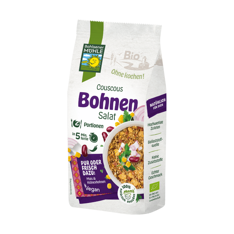 Bohlsener Mühle Couscous Bohnen Salat in einer Verpackung mit Zutaten.