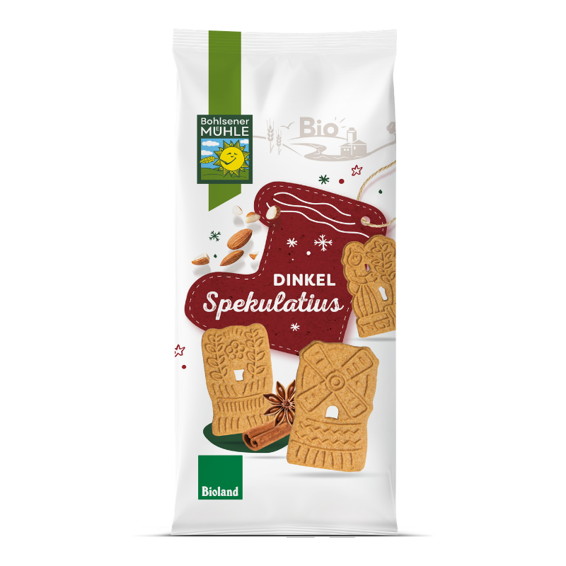 Bohlsener Mühle Dinkel Spekulatius Cookie Packung mit weihnachtlichen Motiven, Mandeln, Sternanis und Zimtstange.