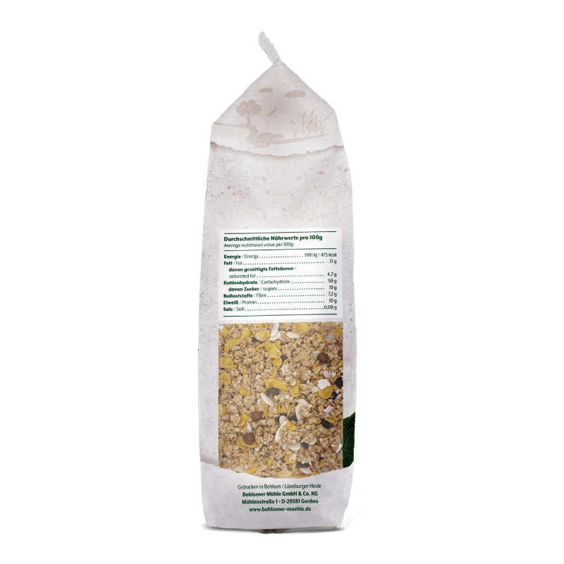 Bohlsener Mühle Crunchy Müsli in einer transparenten Verpackung mit Nährwertangaben.