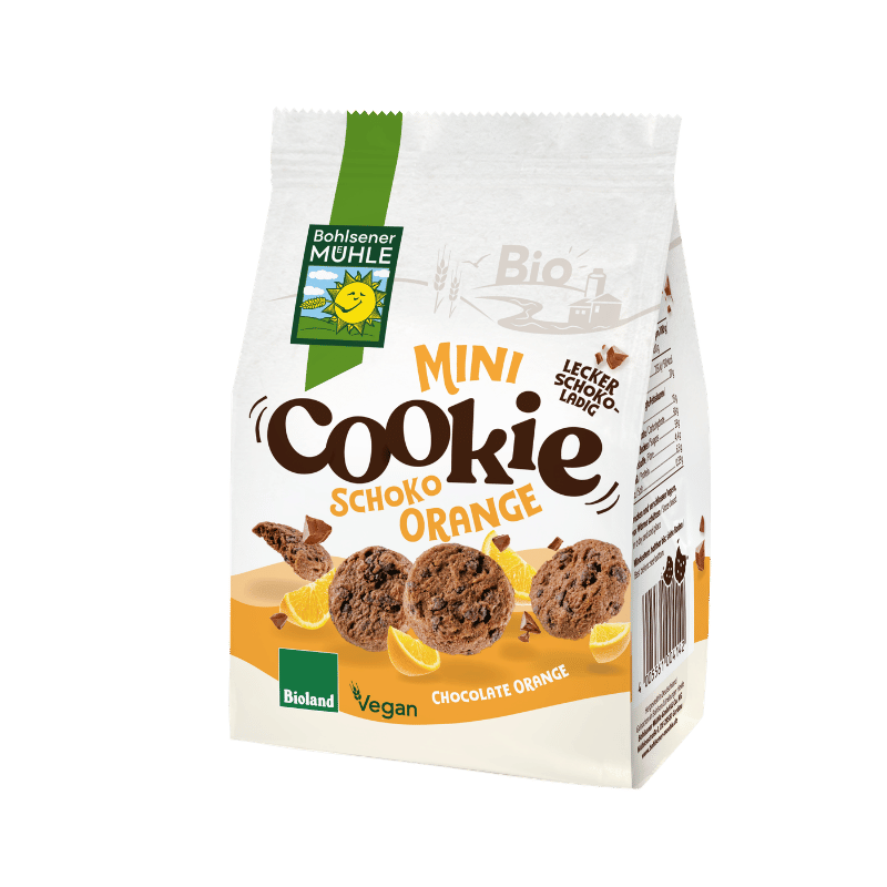Bohlsener Mühle Mini Cookie Schoko Orange in einer Verpackung mit Cookies und Orangenscheiben.