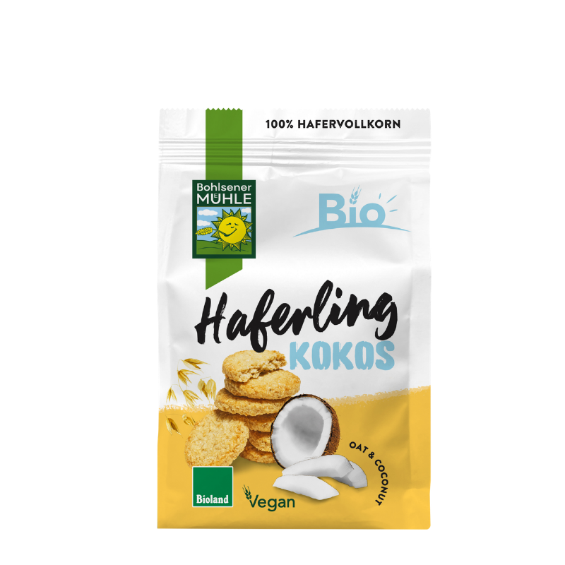 Bohlsener Mühle Haferling Kokos Cookie-Packung mit Haferkeksen und Kokosnussstücken auf weißem Hintergrund.