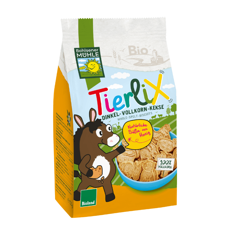 Bohlsener Mühle Tierlix Dinkel-Vollkorn-Kekse in einer bunten Verpackung mit Tiermotiven.