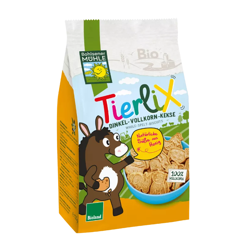 Bohlsener Mühle Tierlix Dinkel-Vollkorn-Kekse in einer bunten Verpackung mit Tiermotiven.