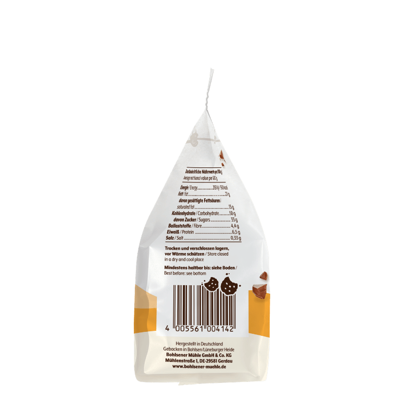 Rückseite der Bohlsener Mühle Cookie Verpackung mit Nährwertangaben.