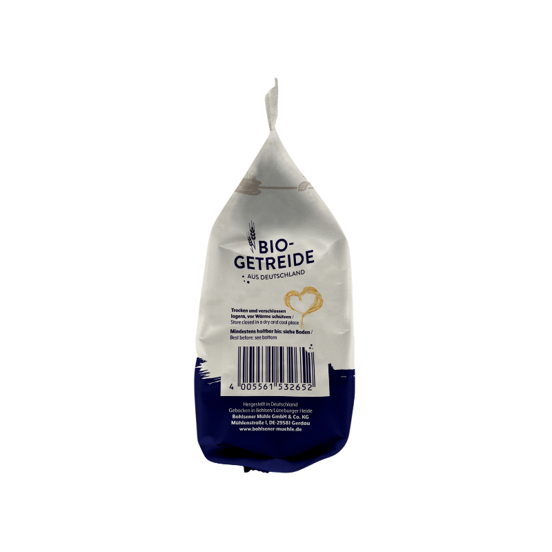 Rückseite einer Bohlsener Mühle Bio-Getreide Packung mit Barcode und Lagerungshinweisen auf weißem Grund.