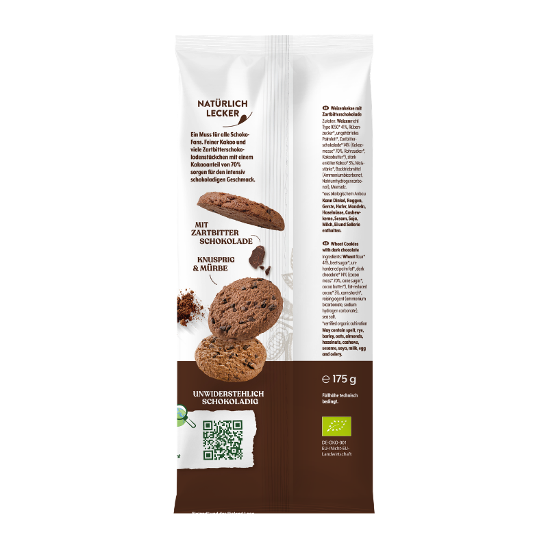 Rückseite der Bohlsener Mühle Weizenkekse mit Zartbitterschokolade, abgebildet sind knusprige Kekse mit Schokostückchen.