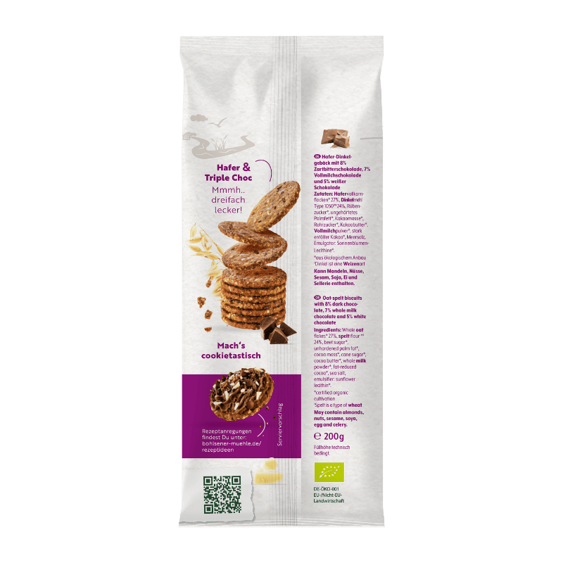 Bohlsener Mühle Hafer & Triple Choc Kekse mit Schokoladenstückchen.