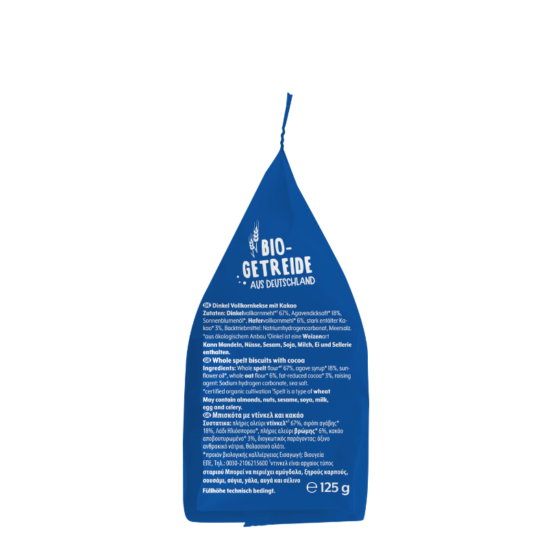 Bohlsener Mühle Bio-Getreide Dinkelvollkornkekse mit Kakao in blauer Verpackung.