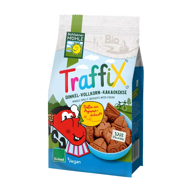 Bohlsener Mühle TraffiX Dinkel-Vollkorn-Kakaokekse in einer Verpackung mit buntem Design.