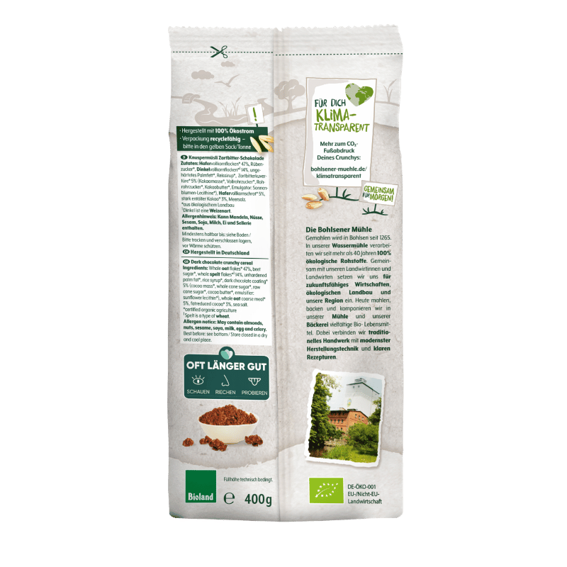 Rückseite der Bohlsener Mühle Crunchy-Packung mit Zutatenliste und Informationen.