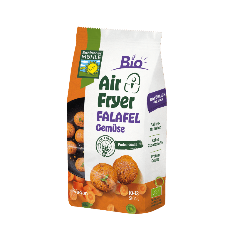 Die Packung Bohlsener Mühle Bio Air Fryer Falafel Gemüse zeigt runde Falafelbällchen auf orangem Hintergrund.