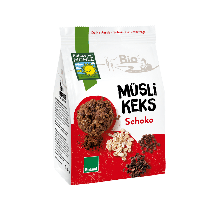 Bohlsener Mühle Müsli Keks Schoko mit Haferflocken und Schokoladenstückchen.