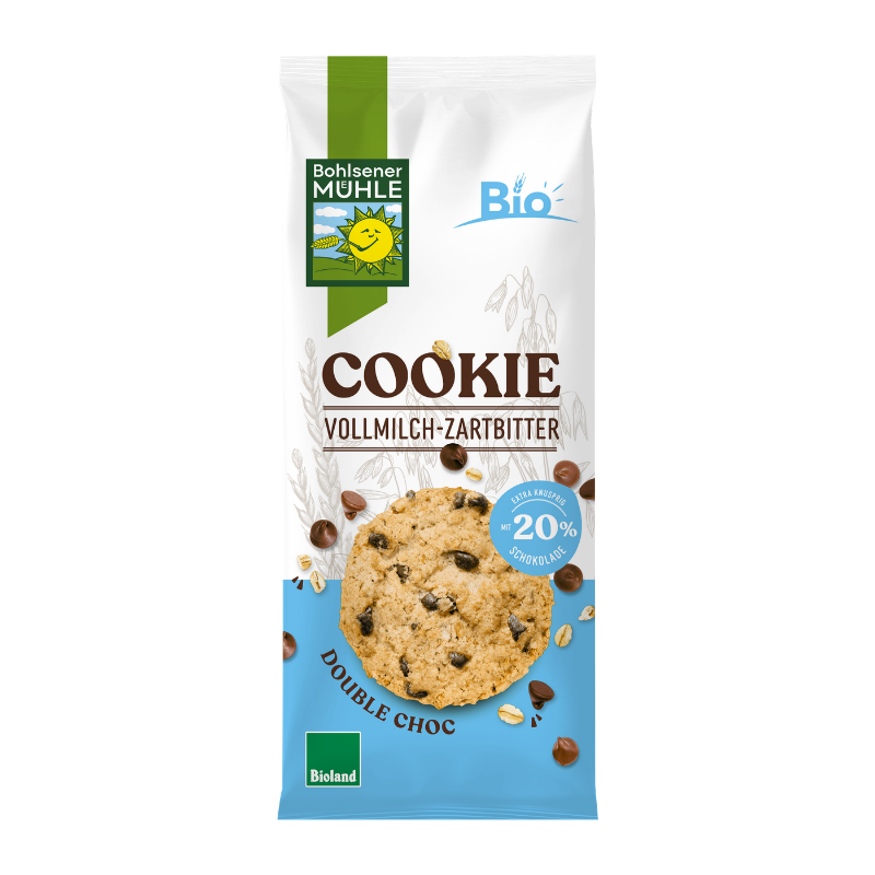 Eine Packung Bohlsener Mühle Cookie Vollmilch-Zartbitter mit einem knusprigen Keks und Schokoladenstückchen abgebildet.