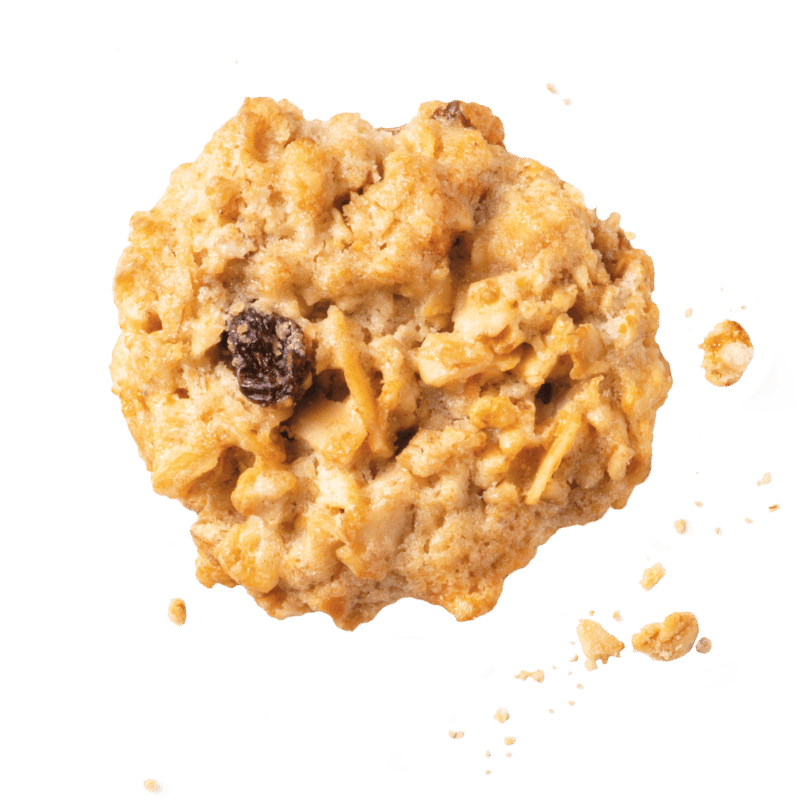 Bohlsener Mühle Crunchy Cookie mit Hafer und Rosinen auf grünem Hintergrund.