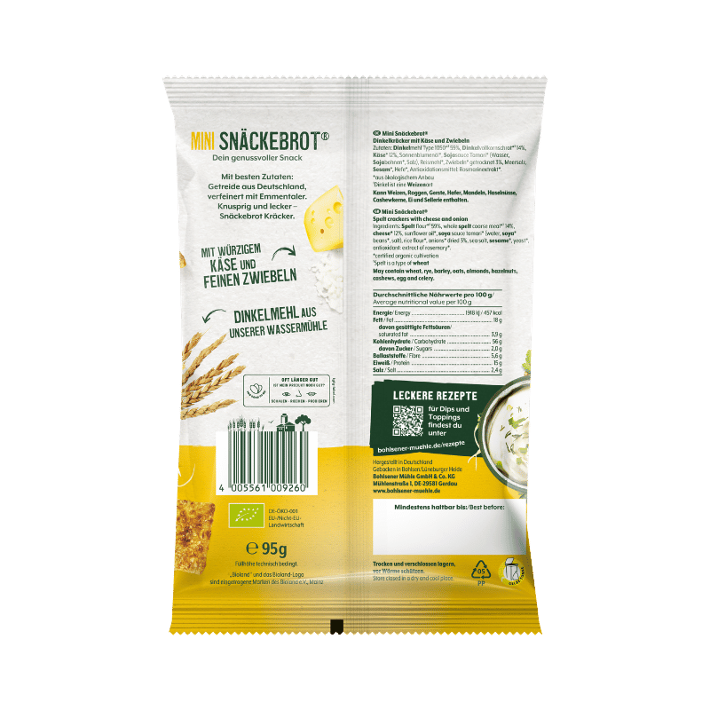 Bohlsener Mühle Mini-Snäckebrot mit Käse und Zwiebeln in der Verpackung.