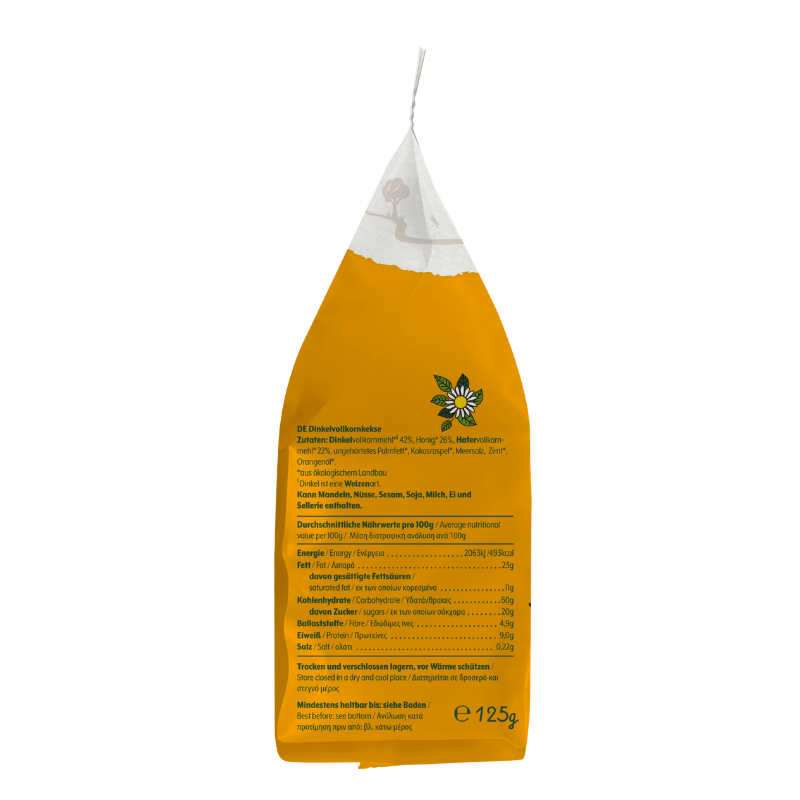 Bohlsener Mühle Dinkelvollkornkekse in gelber Verpackung mit Zutatenliste.