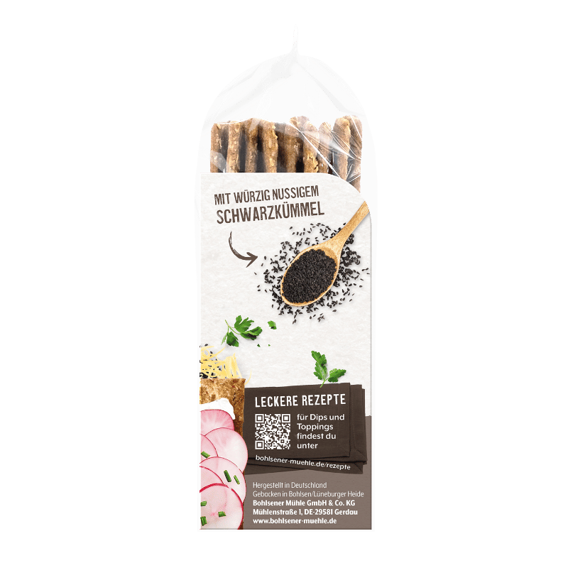 Bohlsener Mühle Snack-Sticks mit würzigem Schwarzkümmel in transparenter Verpackung.
