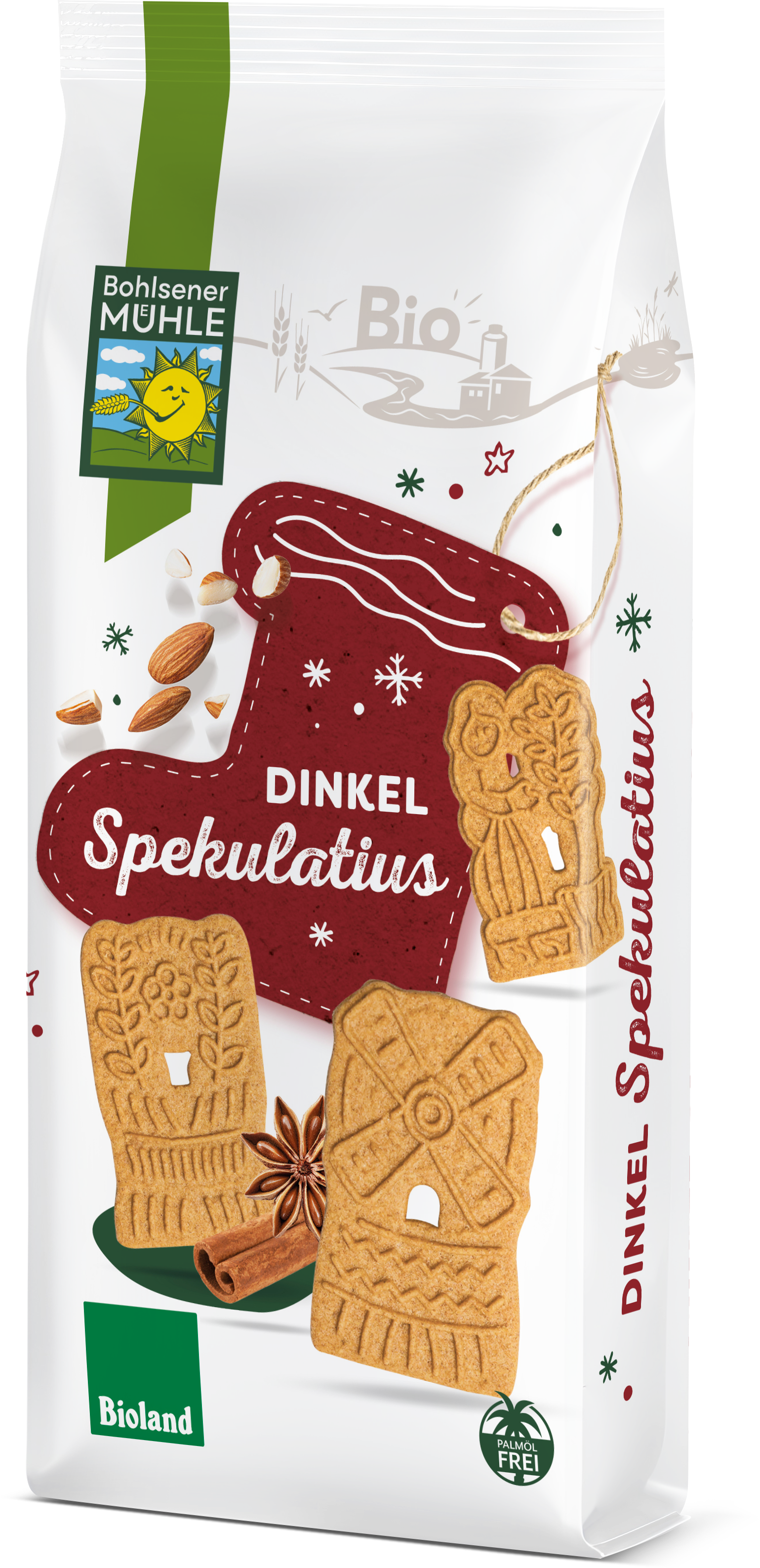 Bohlsener Mühle Dinkel Spekulatius in einer Tüte mit Keksen und Mandeln.