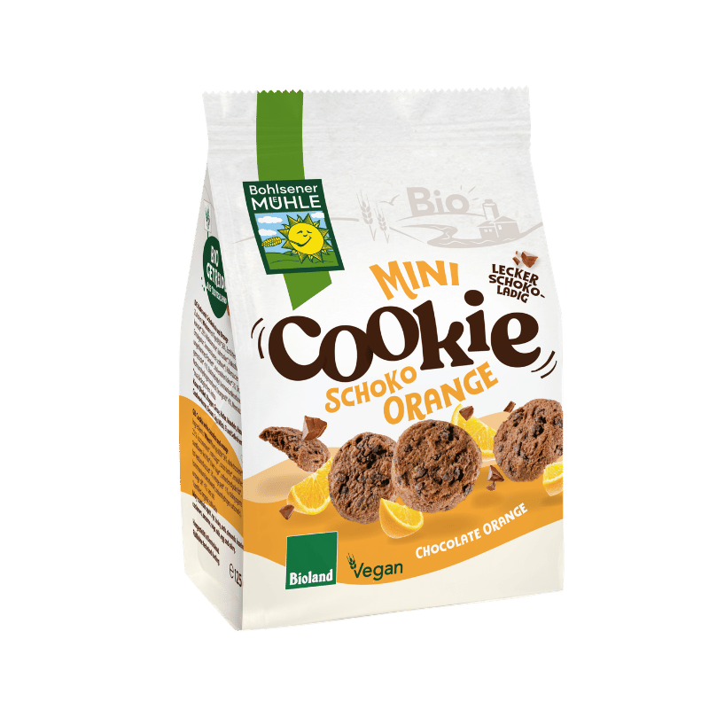Bohlsener Mühle Mini Cookie Schoko Orange in der Verpackung mit Cookies und Orangenstücken.