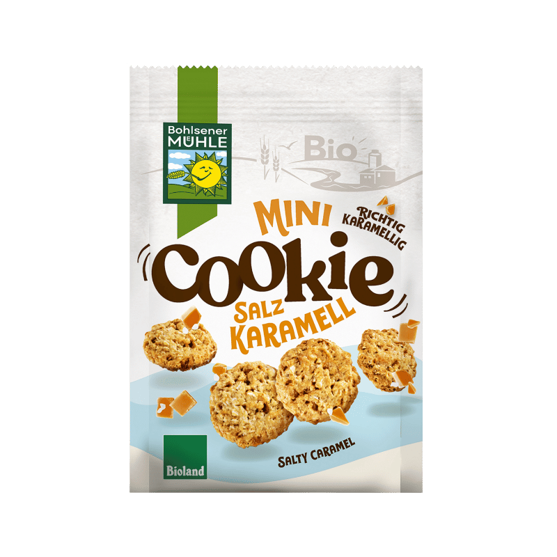 Bohlsener Mühle Mini Cookie mit Salzkaramell in der Verpackung.