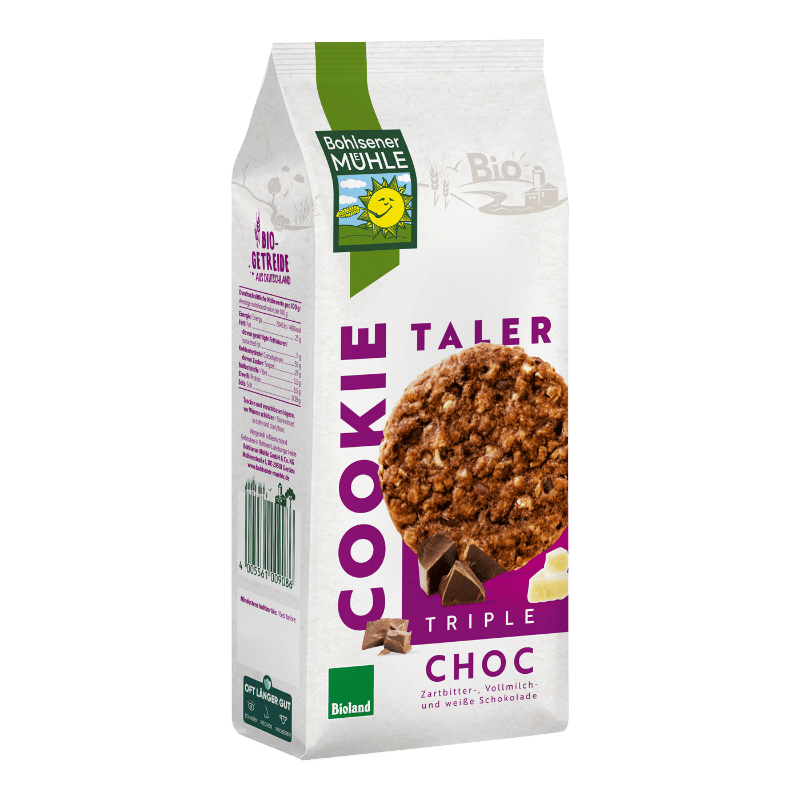Bohlsener Mühle Kekstaler Triple Choc mit Zartbitter-, Vollmilch- und weißer Schokolade.