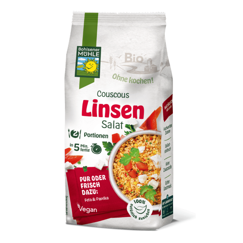 Bohlsener Mühle Couscous Linsensalat in einer Verpackung mit Zutaten.