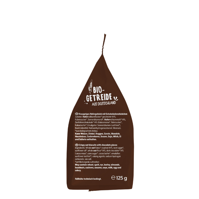 Rückseite der Bohlsener Mühle Hafer Cookie Packung mit Zutatenliste und Informationen zum Bio-Getreide aus Deutschland.