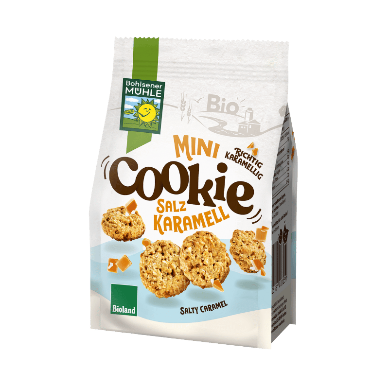 Bohlsener Mühle Mini Cookie mit Salzkaramell in der Verpackung.