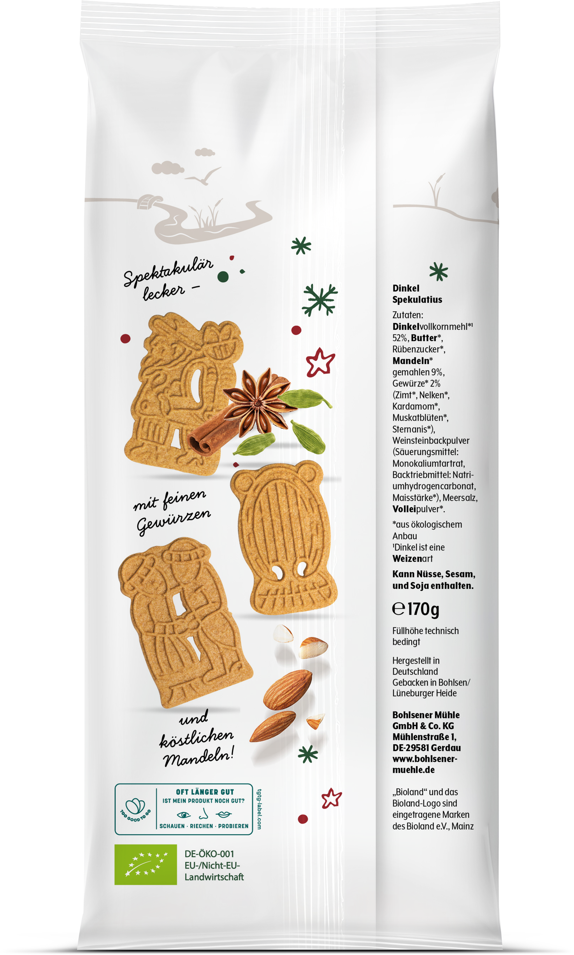 Bohlsener Mühle Dinkel Spekulatius mit Mandeln und Gewürzen in einer Packung.