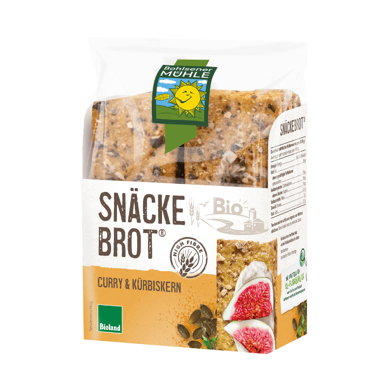 Eine Packung Bohlsener Mühle Snäckebrot Curry & Kürbiskern mit Feigenscheiben und Kürbiskernen auf der Vorderseite.
