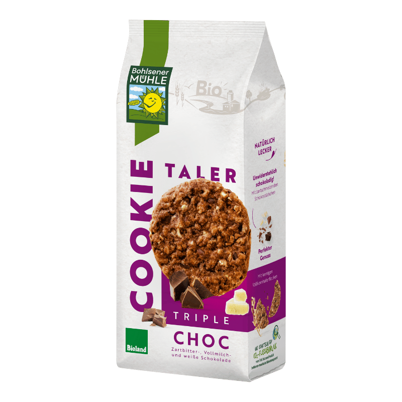 Bohlsener Mühle Kekstaler Triple Choc mit Zartbitter-, Vollmilch- und weißer Schokolade.