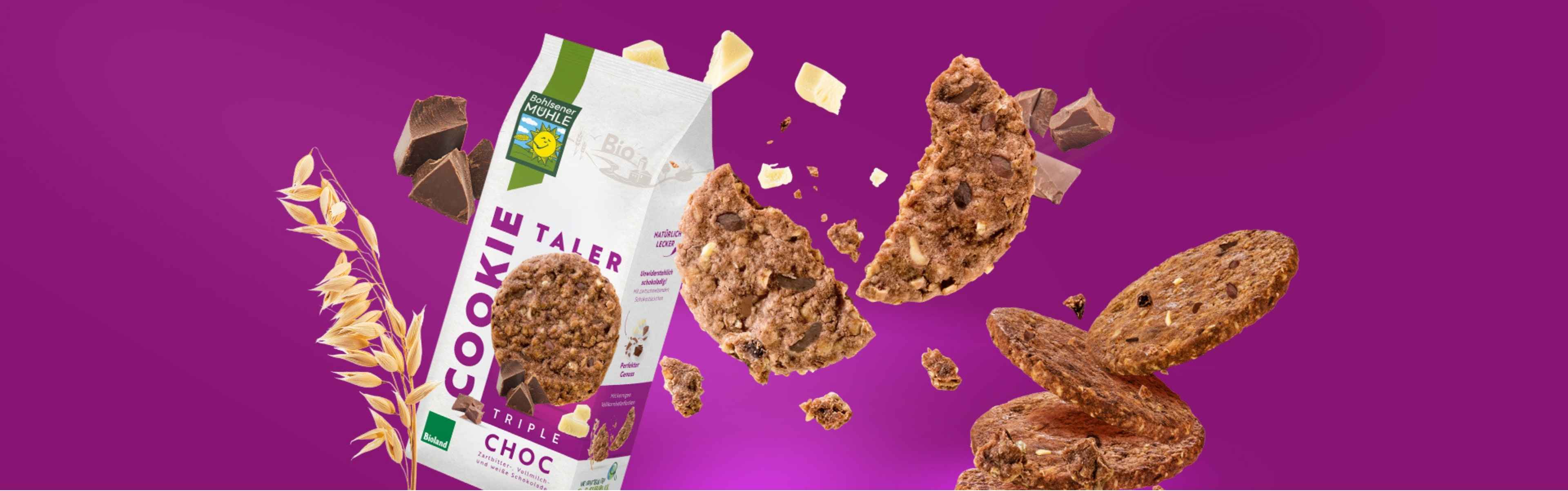 Bohlsener Mühle Cookie Taler Triple Choc mit Schokoladenstückchen und Haferflocken.