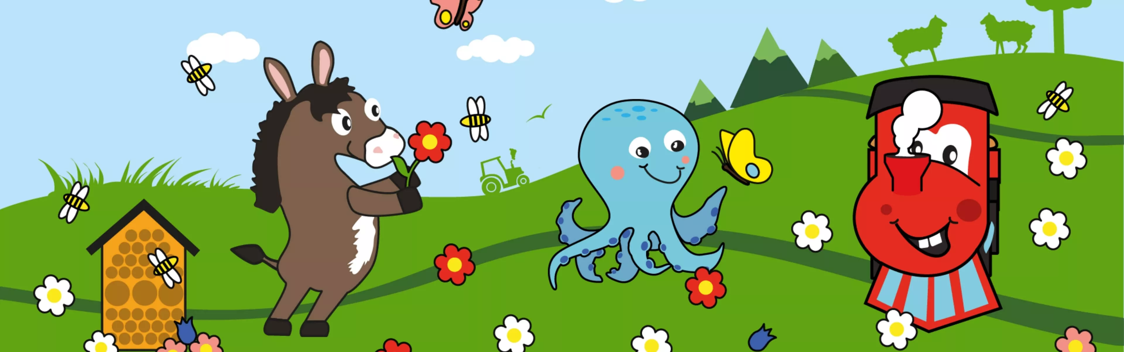 Bohlsener Mühle: Ein Esel, ein Oktopus und ein Zug in einer bunten Landschaft mit Blumen und Bienen.