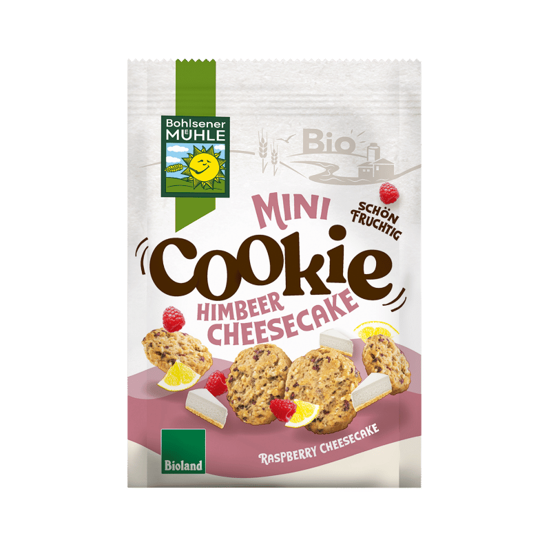 Bohlsener Mühle Mini Cookie Himbeer Cheesecake mit Keksen und Himbeeren.