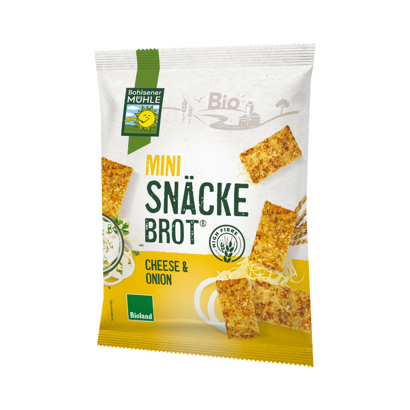 Verpackung von Bohlsener Mühle Mini Snäcke Brot mit Käse und Zwiebeln.