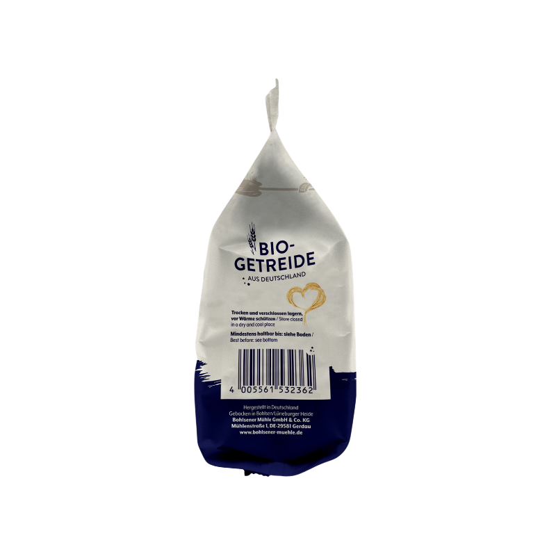 Rückseite der Bio-Getreide Packung von Bohlsener Mühle mit Barcode, Produktinformationen und Lagerungshinweisen.