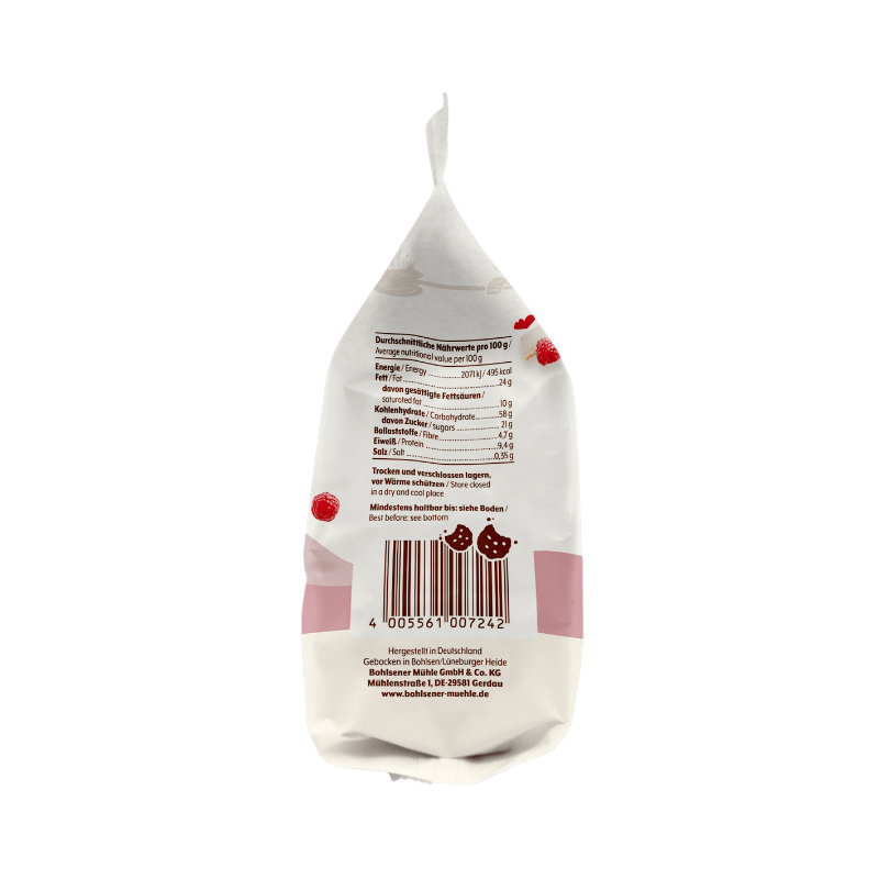 Verpackungsrückseite der Bohlsener Mühle Cookie mit Nährwertangaben.