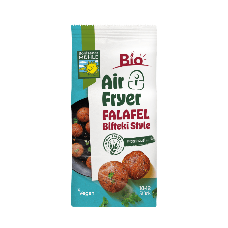 Die Packung Bohlsener Mühle Bio Air Fryer Falafel Bifteki Style zeigt runde, gebratene Falafelbällchen auf Grün.