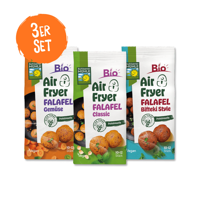 Drei Packungen Bohlsener Mühle Air Fryer Falafel in den Sorten Gemüse, Classic und Bifteki Style als 3er Set.