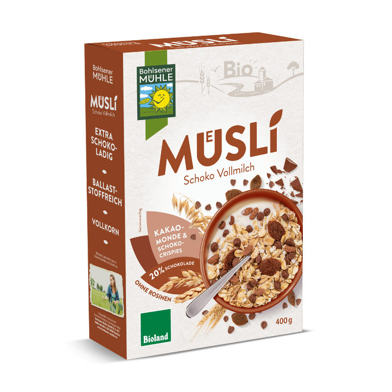 Bohlsener Mühle Müsli Schoko Vollmilch mit Kakao-Monden und Schoko-Crispies.