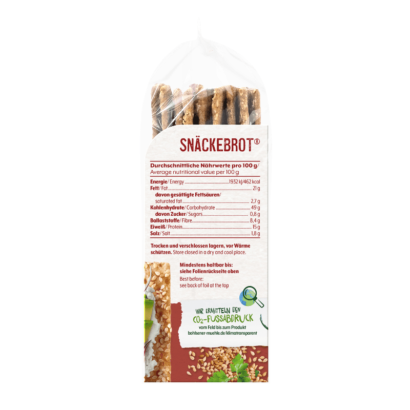 Rückseite der Bohlsener Mühle Snäckebrot Packung mit Nährwerttabelle und Informationen zum CO2-Fußabdruck.
