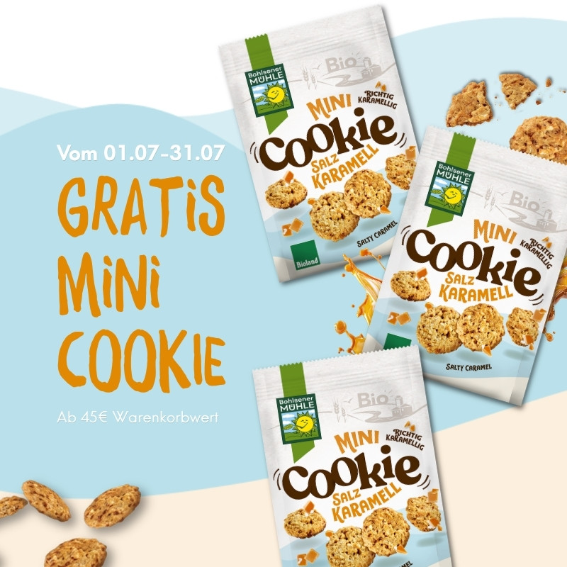 Bohlsener Mühle Mini Cookie mit Karamell und knusprigen Stücken auf hellem Hintergrund.